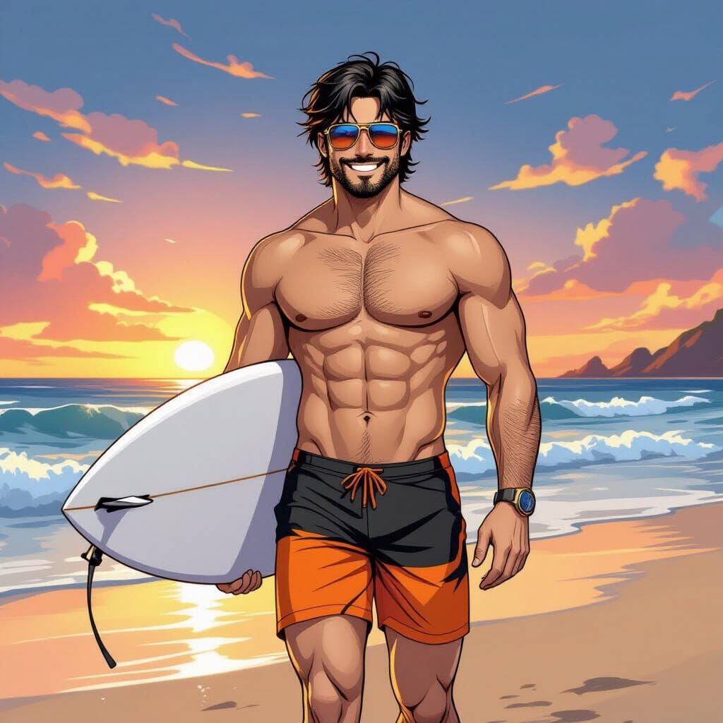 Handsome Surfer at Sunset in Manga Style