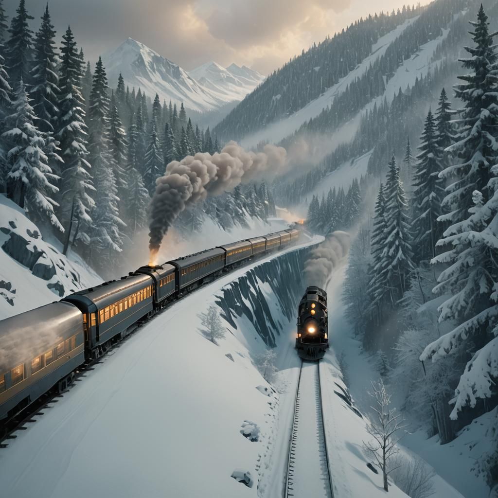 Polar Express Train Through Snowy Mountains