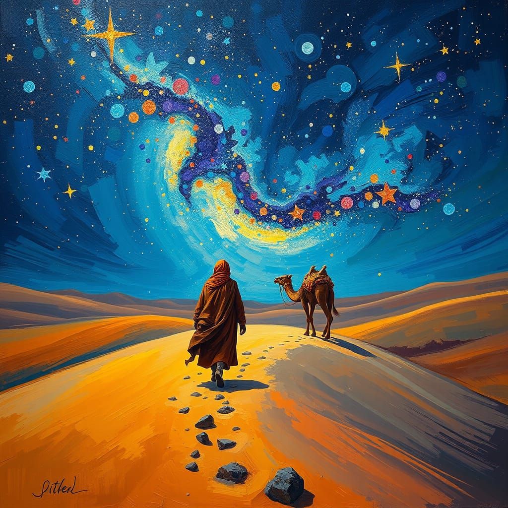 A Desert Dreamscape Under Starry Skies in Neo-Impressionist ...
