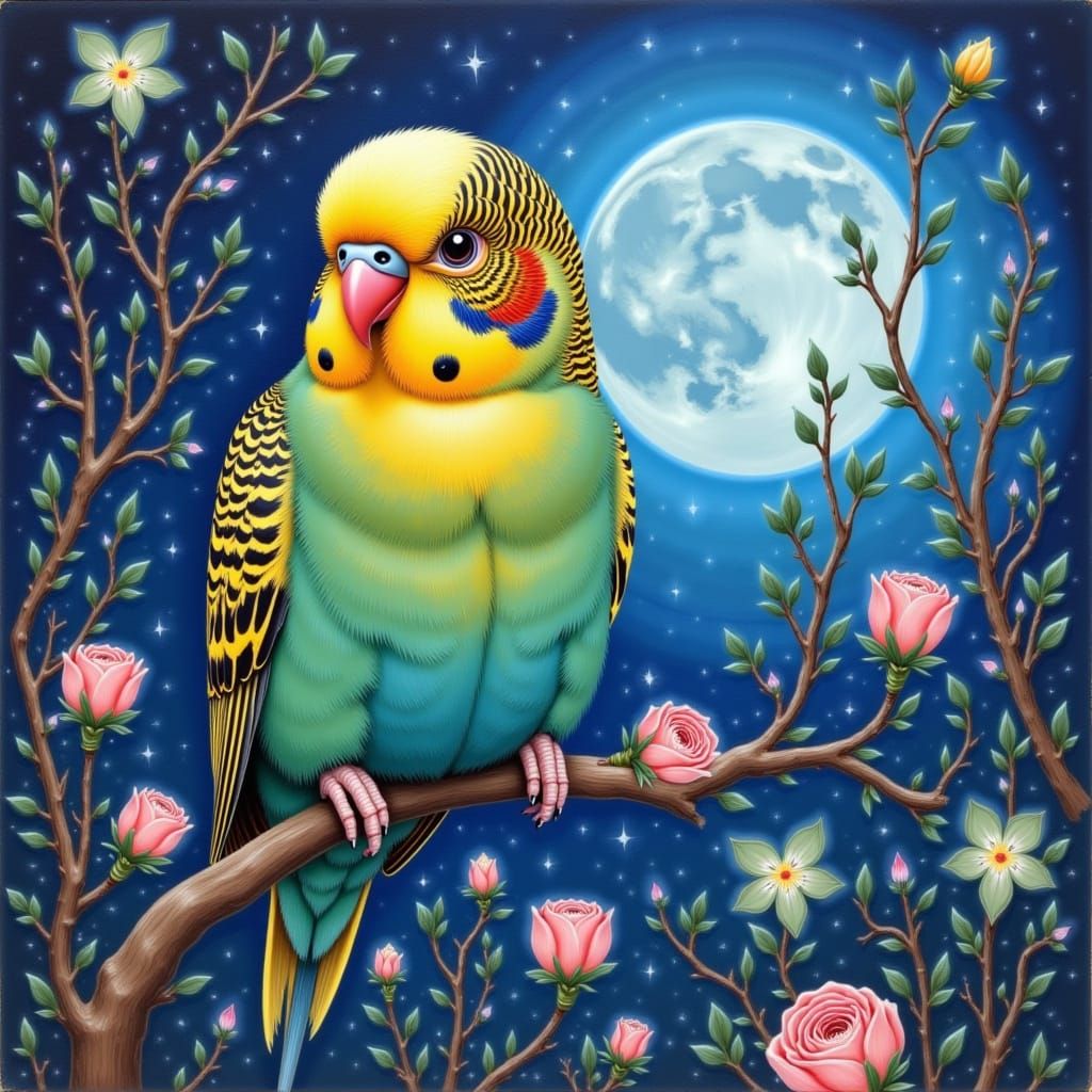 Watercolor Budgerigar in a Surreal Moonlit Garden