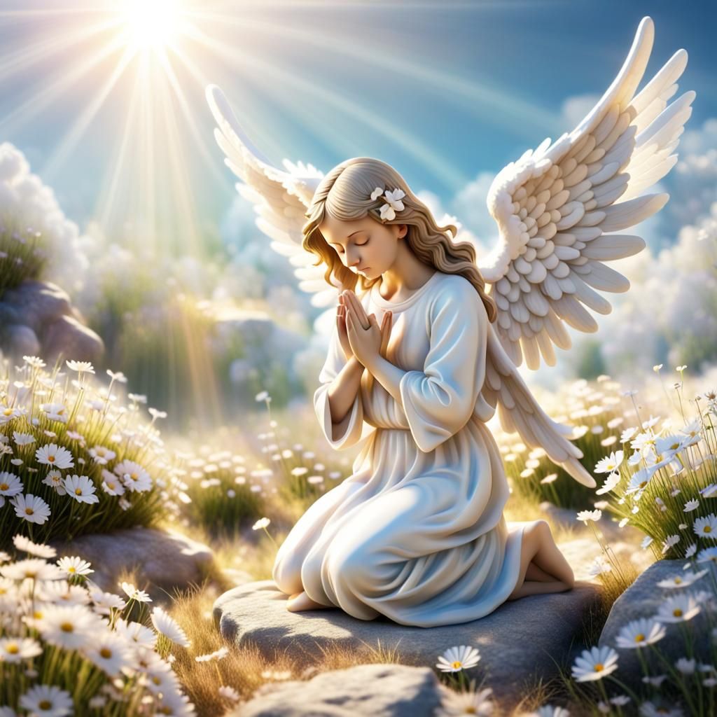 Angel Kneeling in Prayer in a Heavenly Flower Field