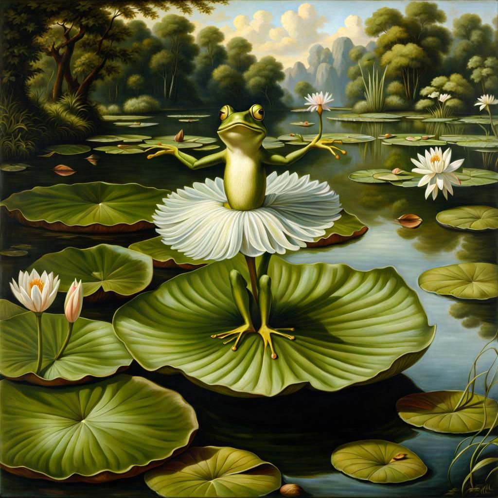 Frog Ballerina in Ballet Pose as Oil Painting