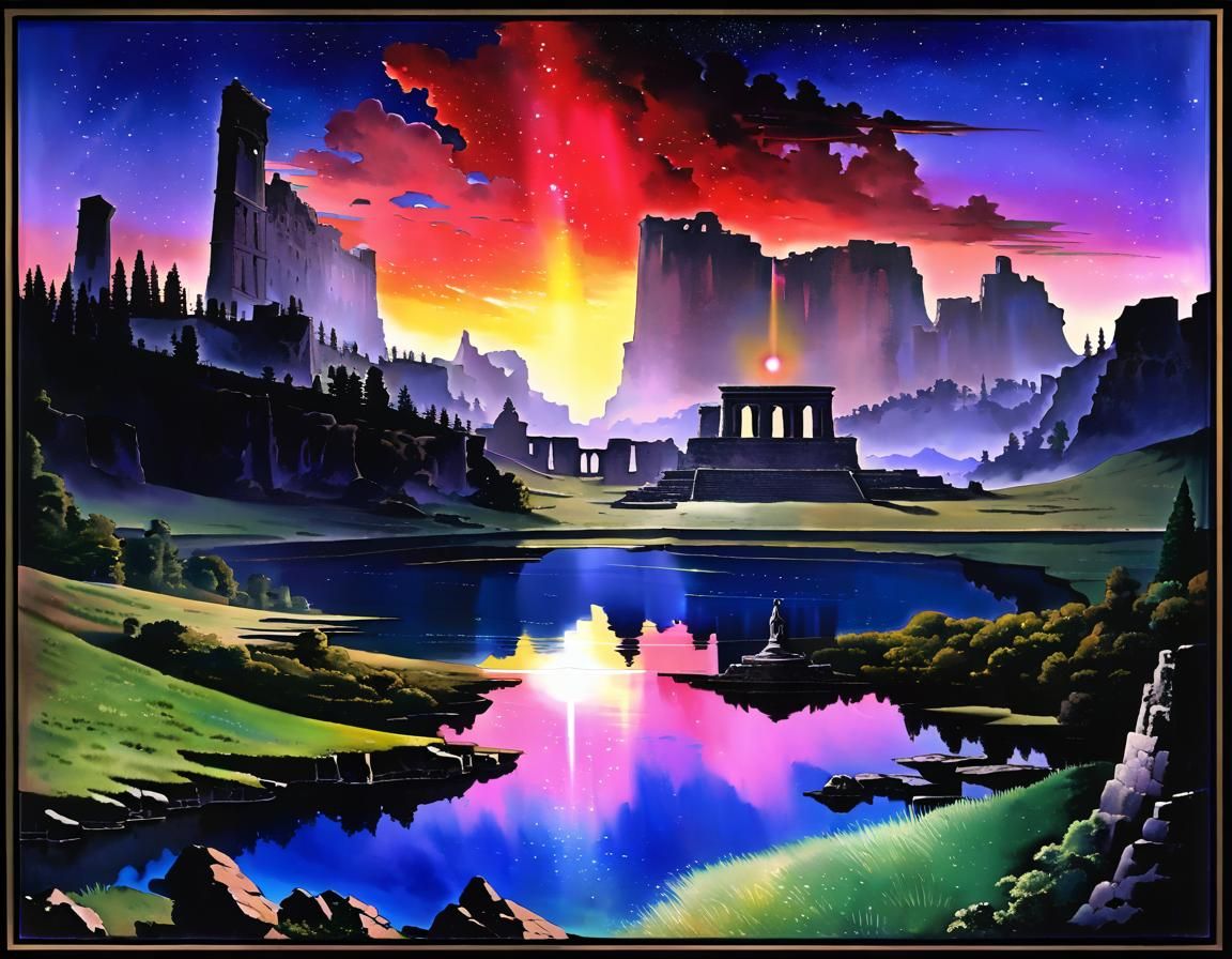 Bohemian Traveler in Starry Ancient Ruins, Alcohol-Ink Style