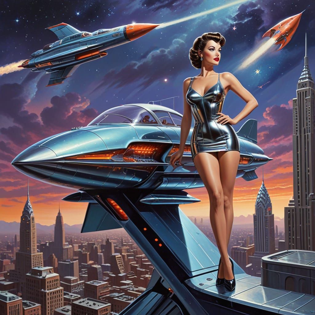 Retro Sci-Fi Pinup Girl in Liquid Metal Bodice Standing Besi...