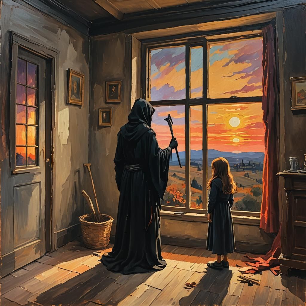 Grim Reaper and Girl: Gouache Impressionist Painting