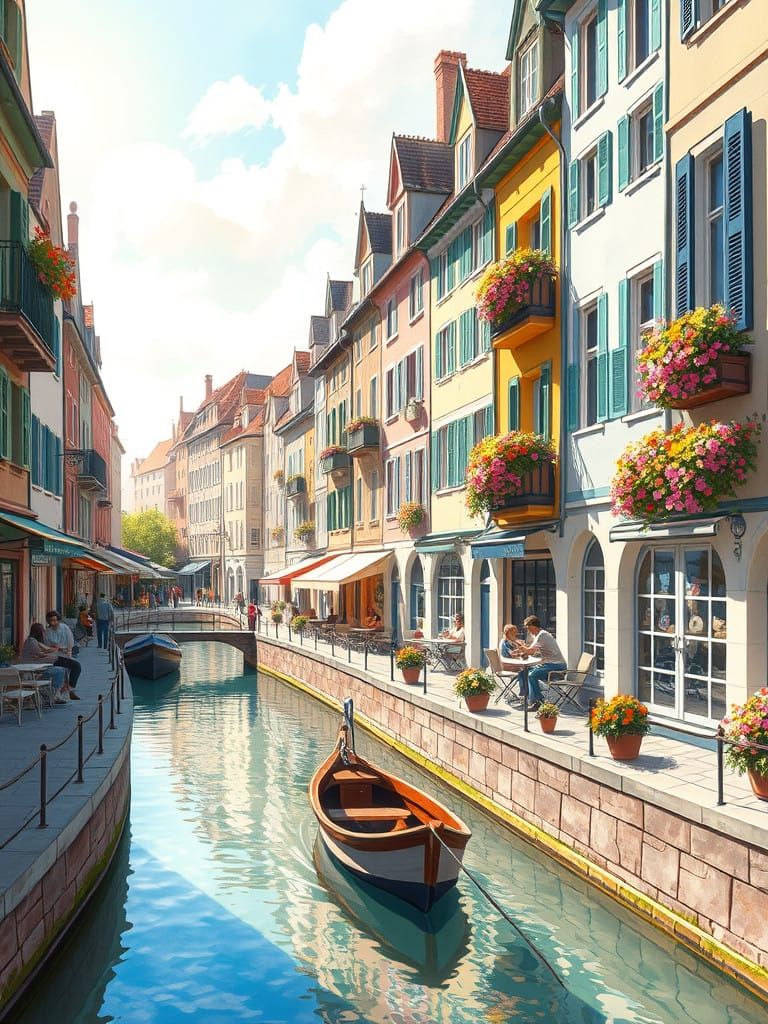 Dreamy European Canal Scene in Pastel Hues