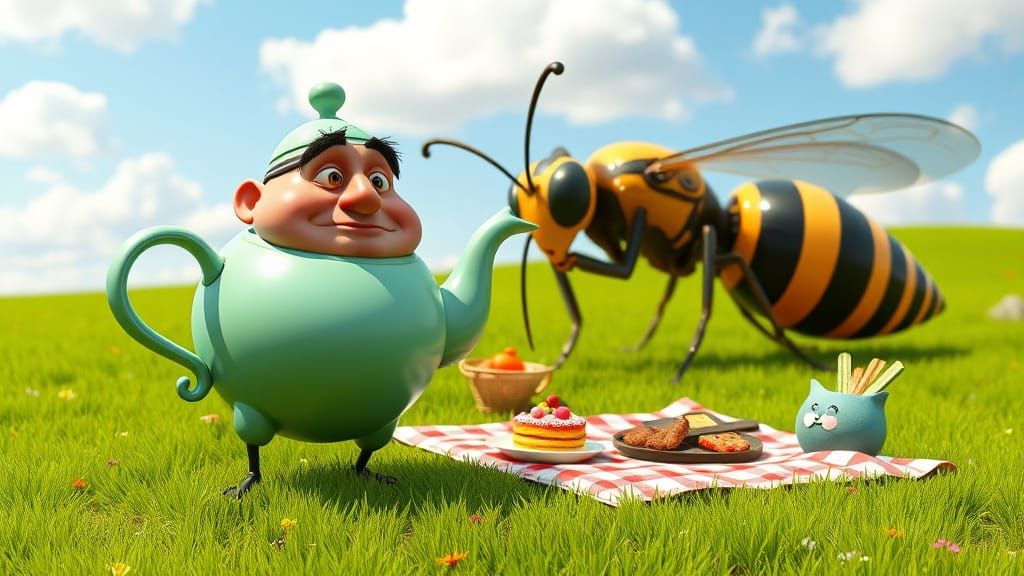 Whimsical 3D Teapot Couple in Fearful Encounter