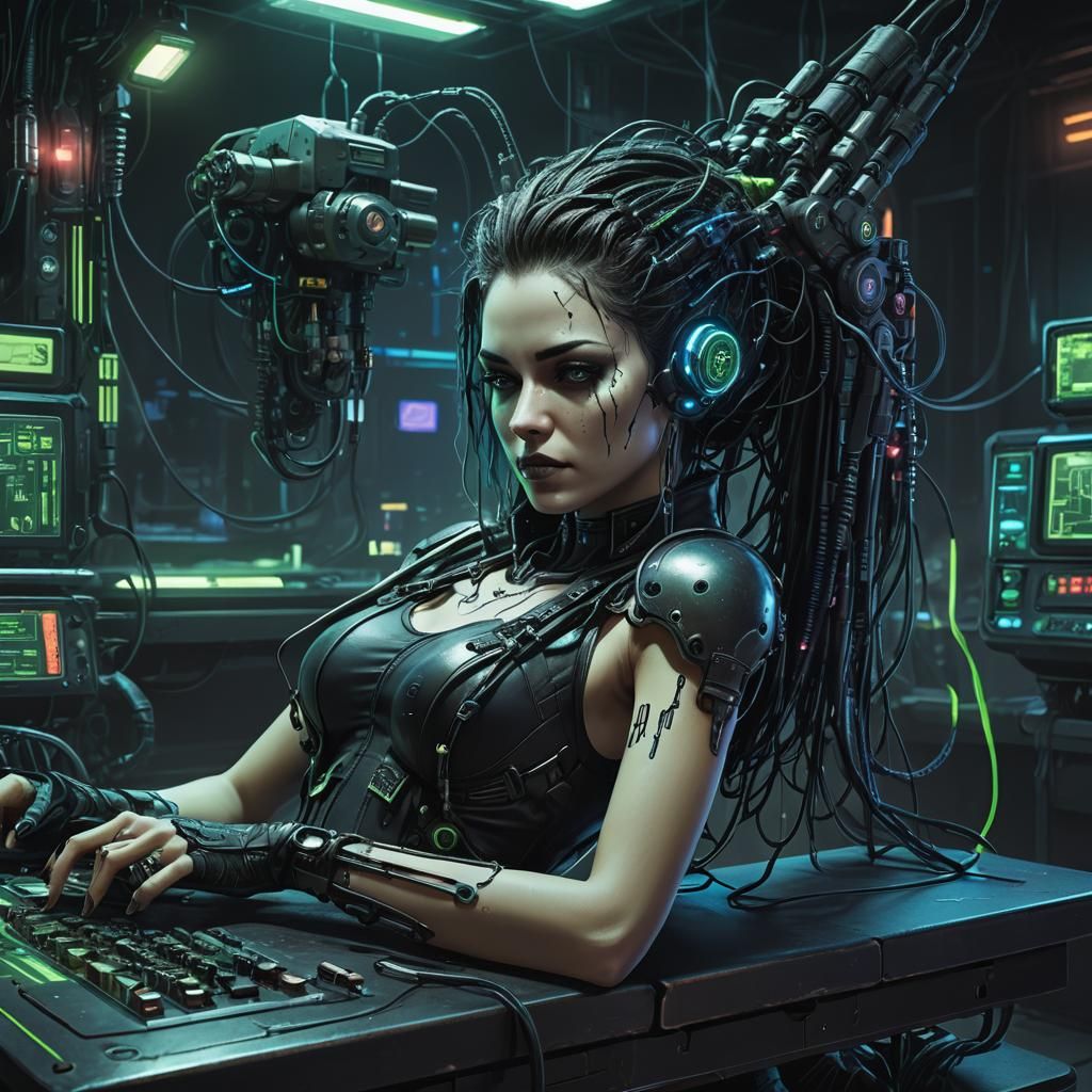 Cyberpunk Gothic Girl Connected to Machine