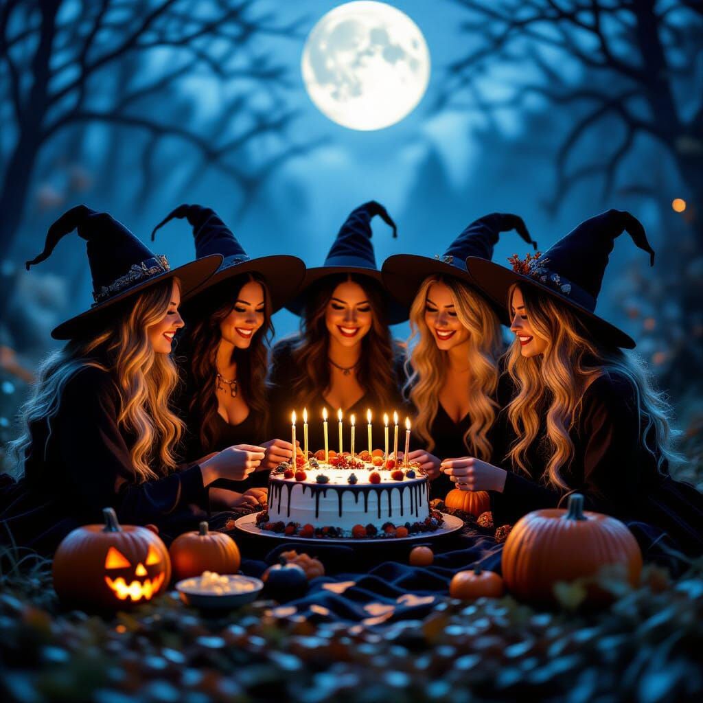 Witches Birthday Celebration in Moonlit Clearing