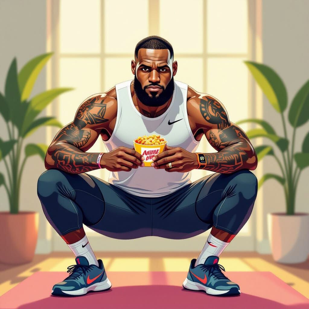 Athlete Stretching with Snack in Pop Surrealist Style