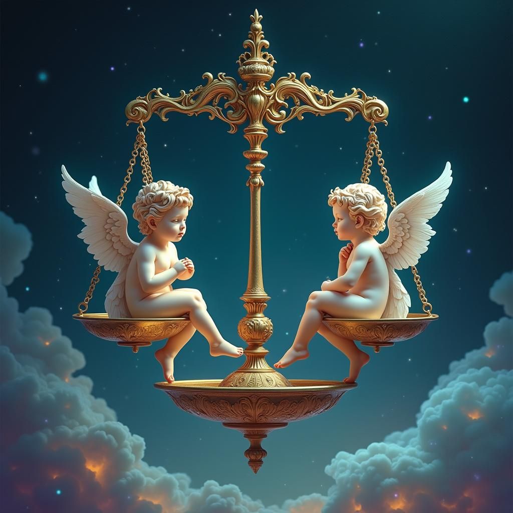 Cherubs on Ornate Justice Scale in Starry Sky