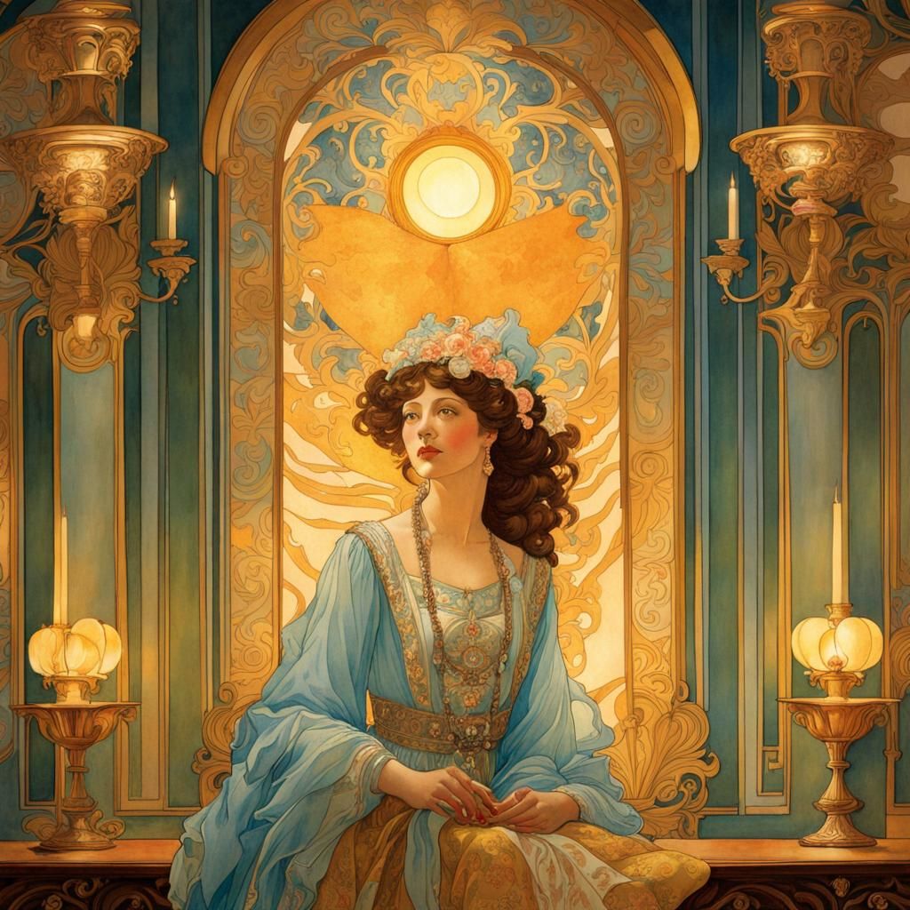 Elegant Lady in Baroque Castle, Watercolour Art Nouveau