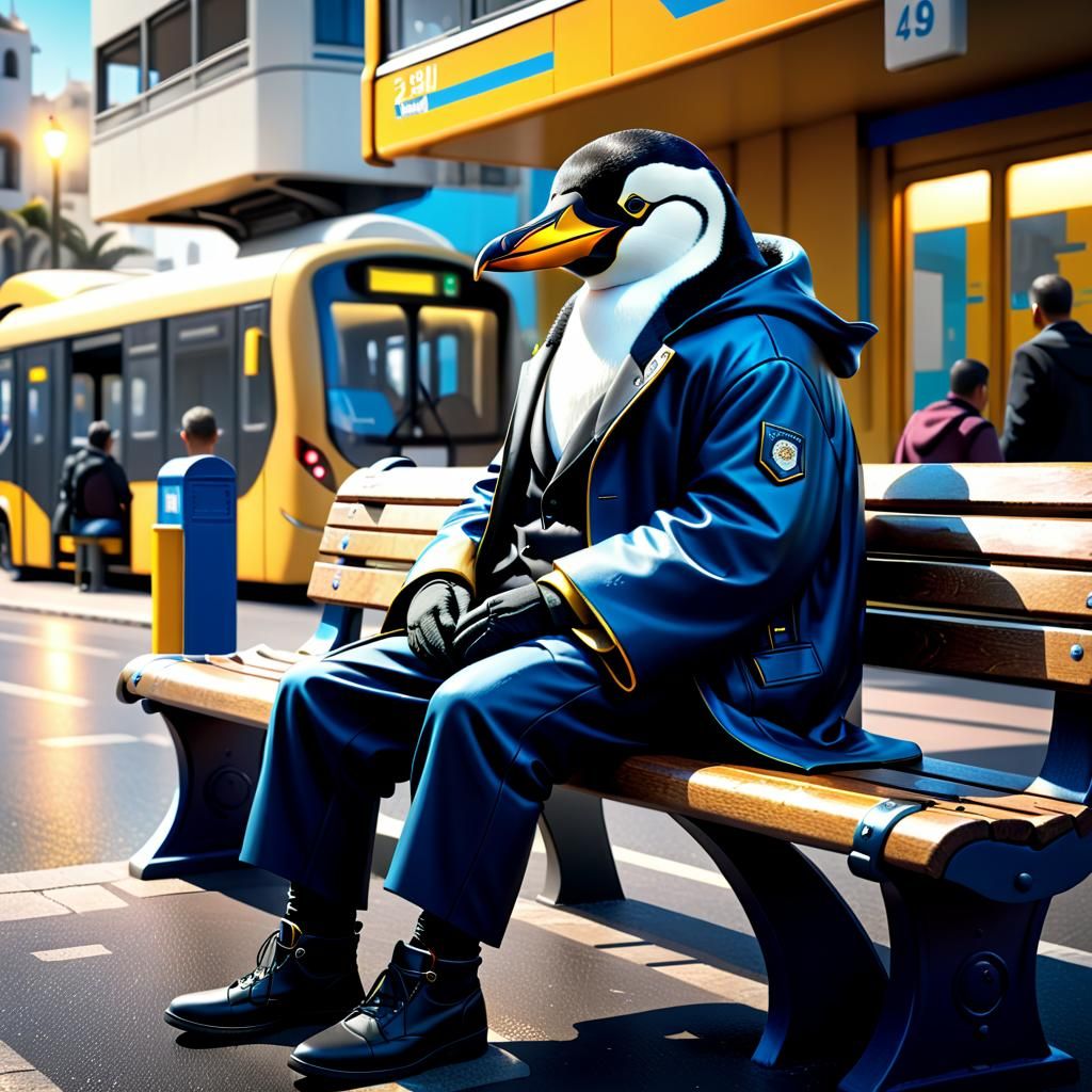 Penguin Commuter Waits for Bus in Tel Aviv