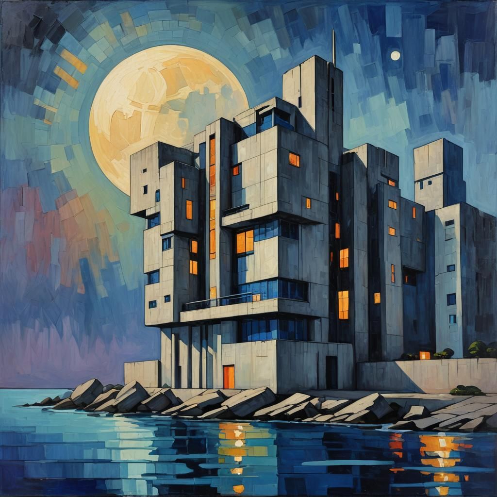 Brutalist Building at Night in Neo-Cubism Style