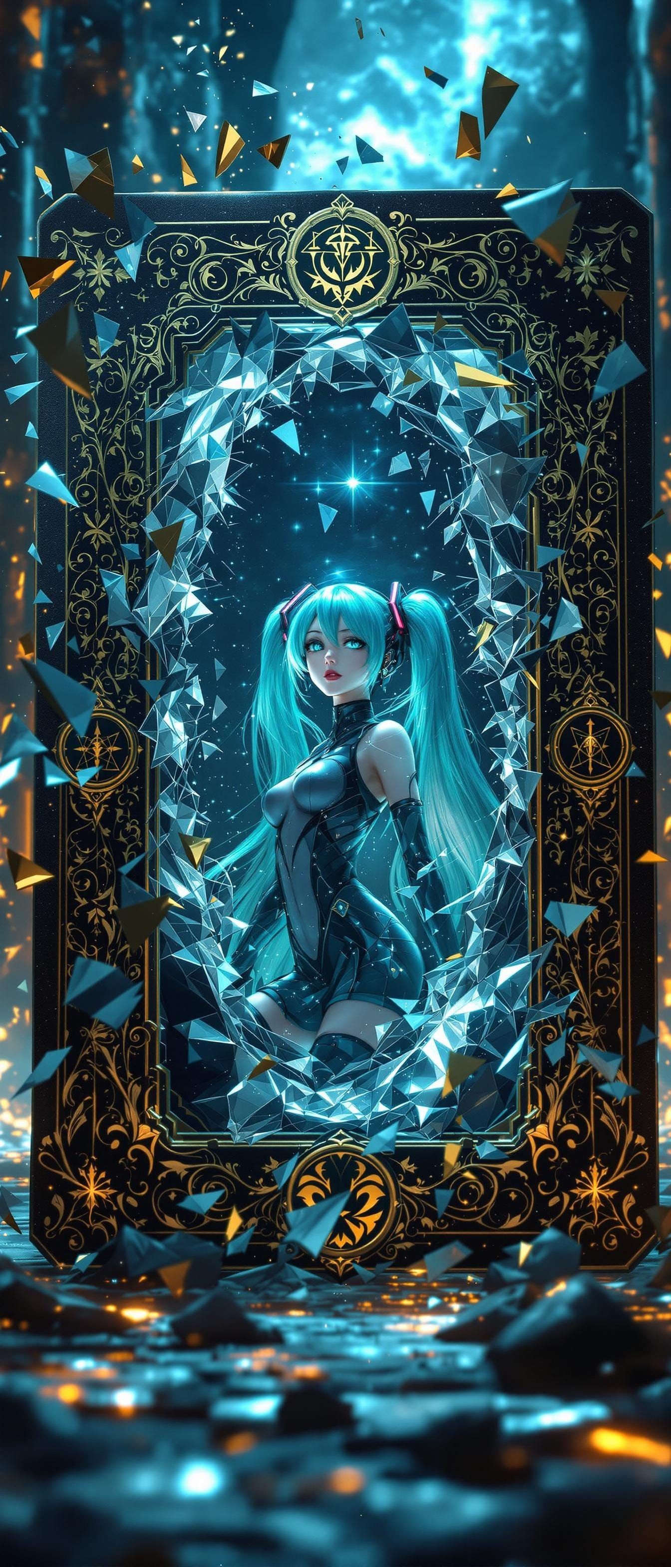Surreal Vocaloid Goddess Emerges from Arcane Card Portal
