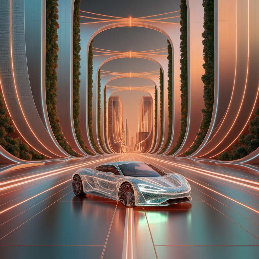 Transparent Sports Car in Gleaming Utopian City at Dusk