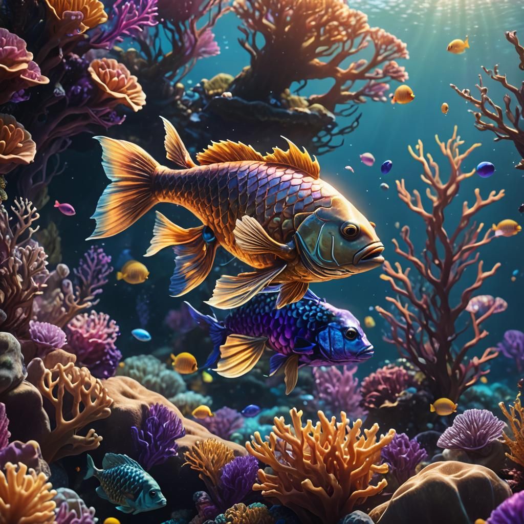 Fish Swimming Towards Coral Reef in Fantasy 3D Rendering