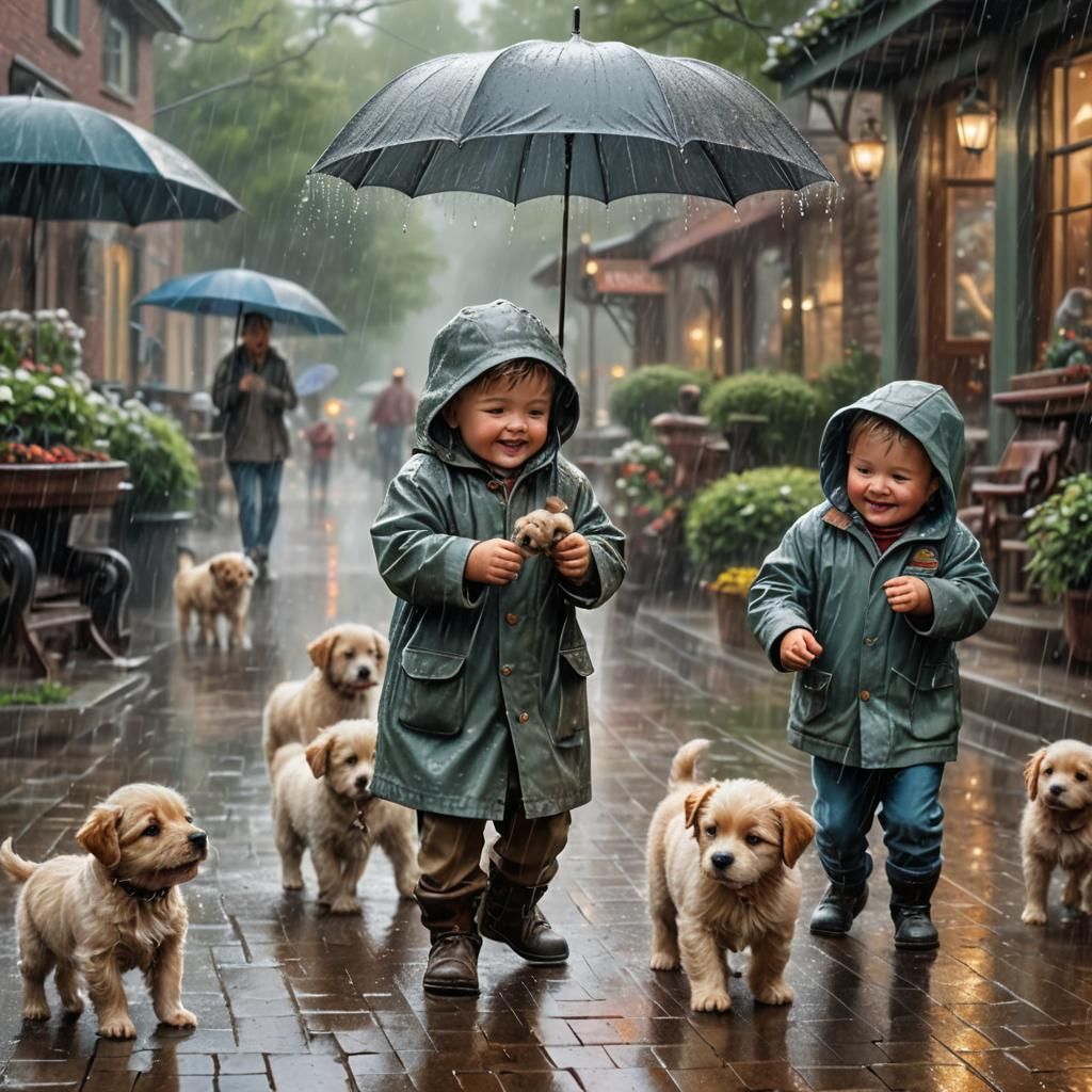 Babies and Puppies Playing in Rainy Ethereal Fantasy