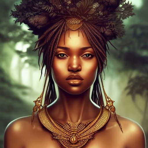 West African Beauty in Lush Jungle, Digital Art