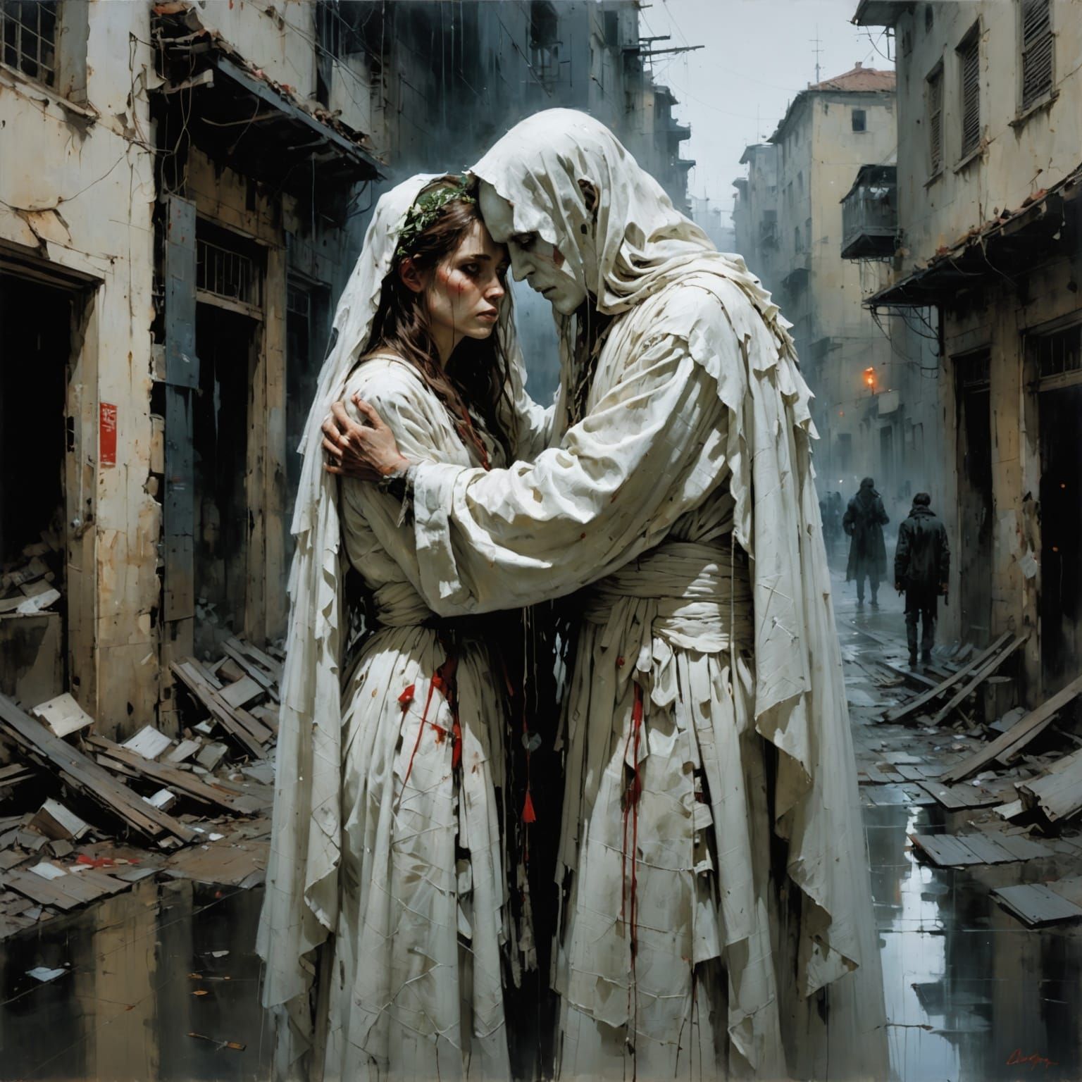 Two Lonely Ghosts Embracing in Dramatic Light