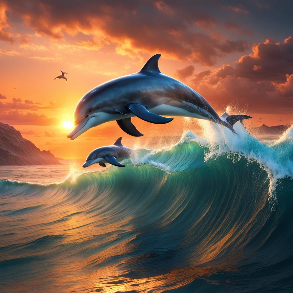Dolphins Surfing Waves at Sunset: Digital Art