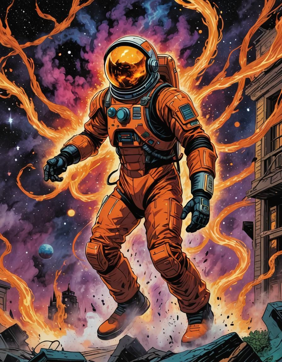 Nebula Ember Orange spaceman navigating a Haunted Hotel ::.