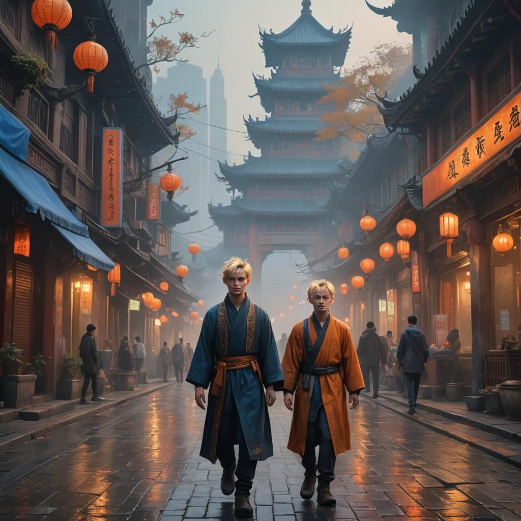 Boy Walks Misty Shanghai Street in Fantasy Painting