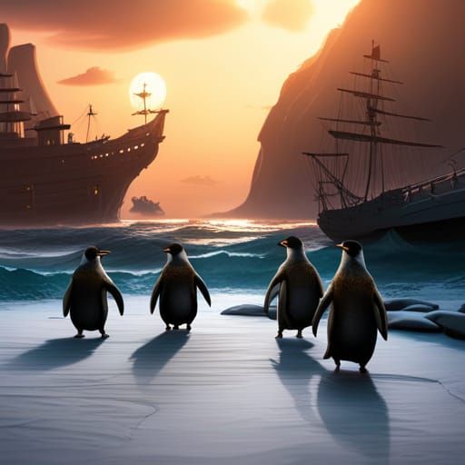 Pirate Penguins in Detailed Matte Painting