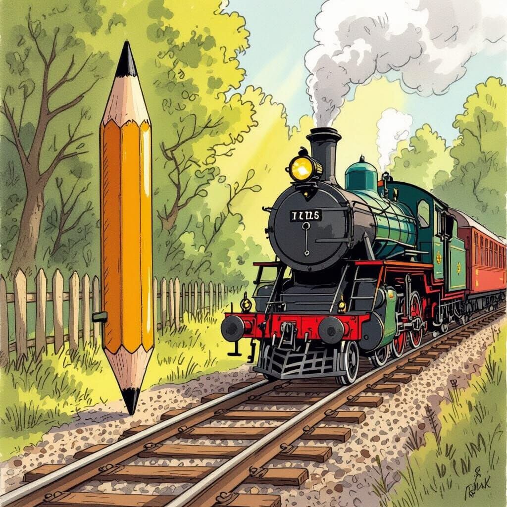 Giant Pencil Meets Steam Train in Whimsical Storybook Style
