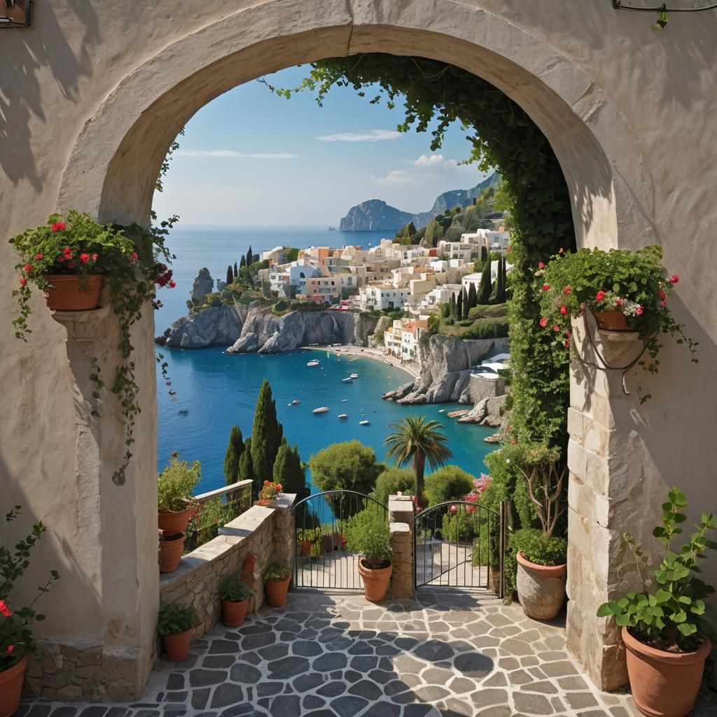 Idyllic Italian Mediterranean Scene Through an Archway