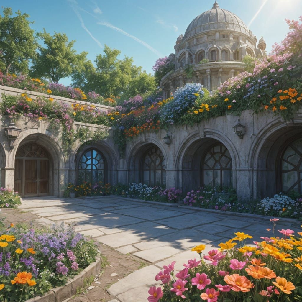 Concrete Bunker in Flower Garden: Detailed Matte Painting