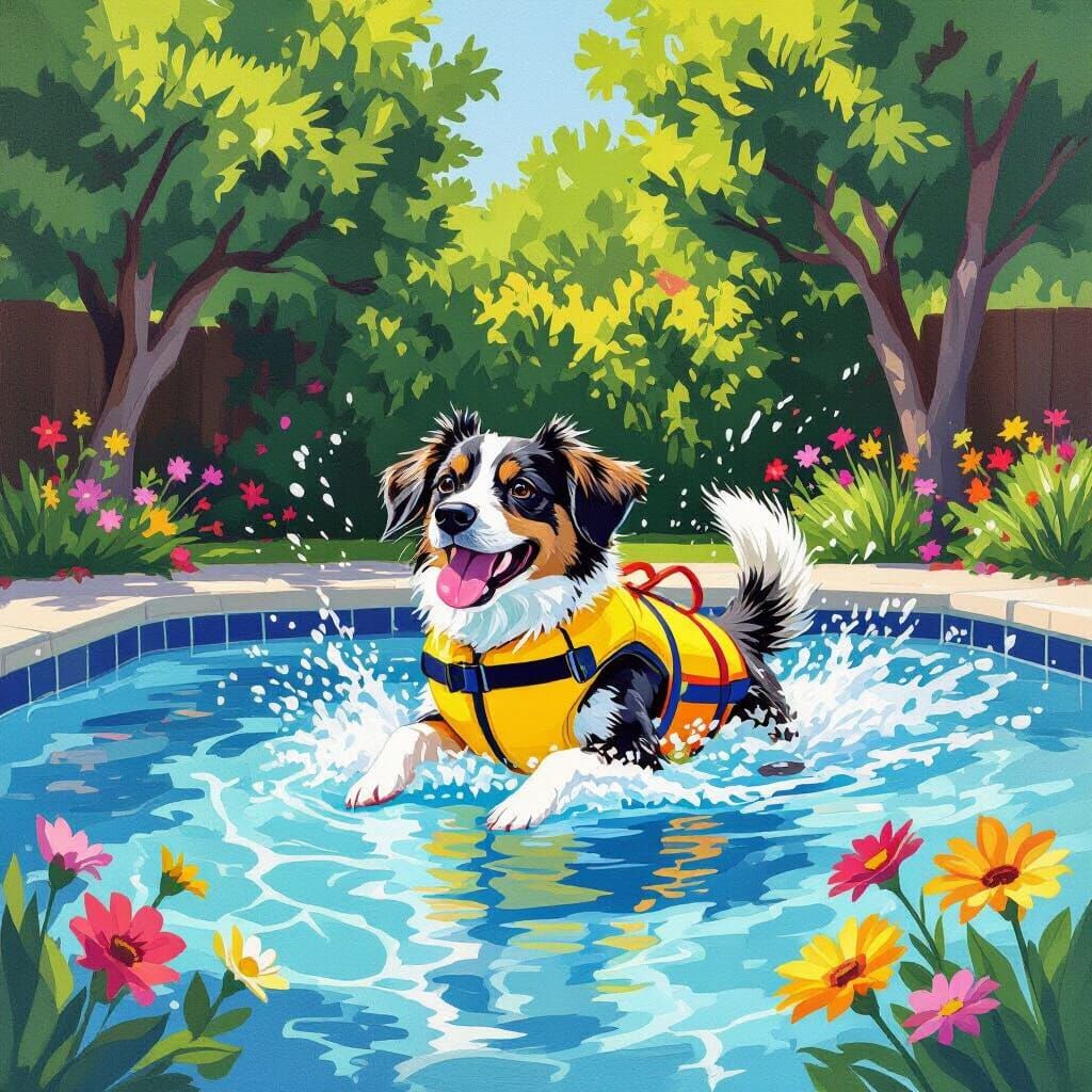 Dog Days: Playful Scene in Hockney Style