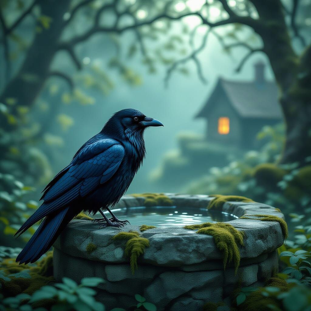 Crow on Ancient Well in Enchanted Forest