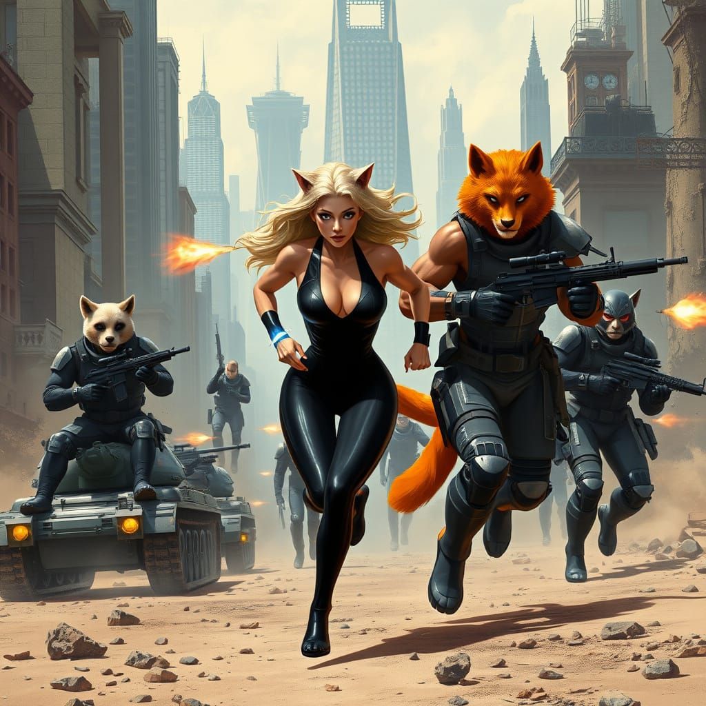 Feline Rebels Flee from Wolf Men in Cyberpunk Cityscape
