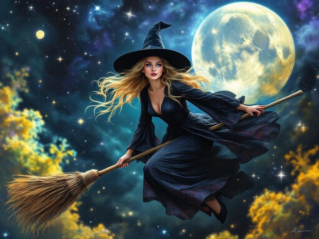 Blond Witch Flying Under the Moon: Astral Art