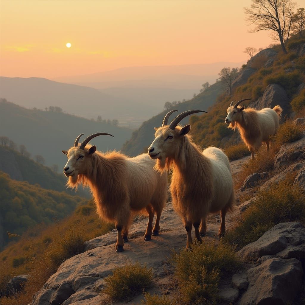 Goats in Rocky Landscape at Dusk