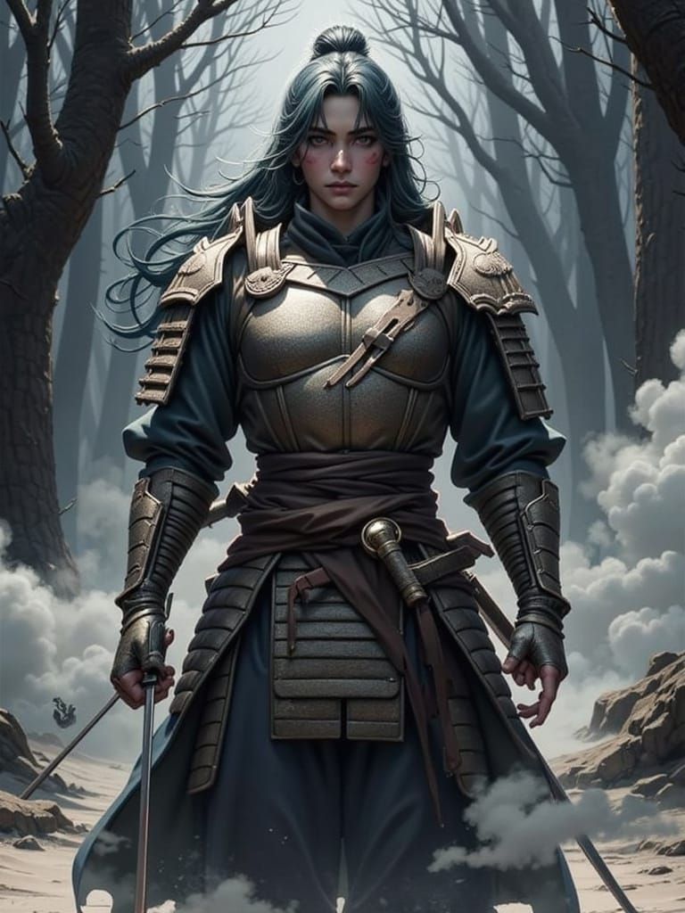 Warrior's Dilemma: Sword vs. Embrace in Ink Wash Style