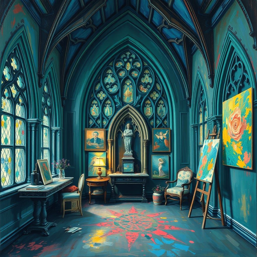 Gothic Room with Art, in Expressionist Impasto Style