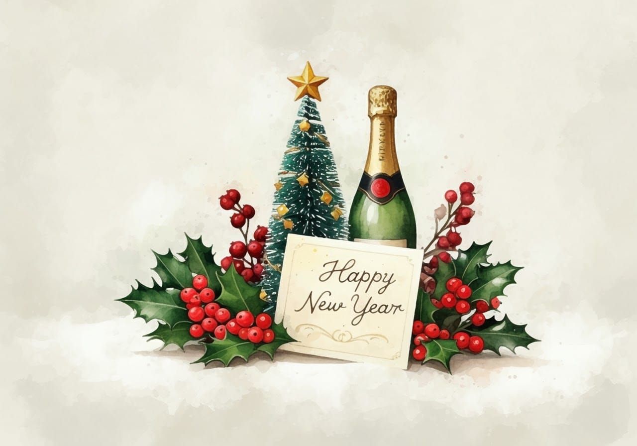 Festive Watercolor New Year Arrangement in Whimsical Style