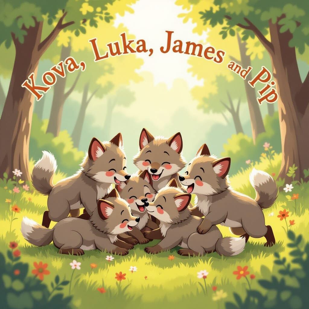 Cute Wolf Cubs Play in Sunlit Forest Clearing