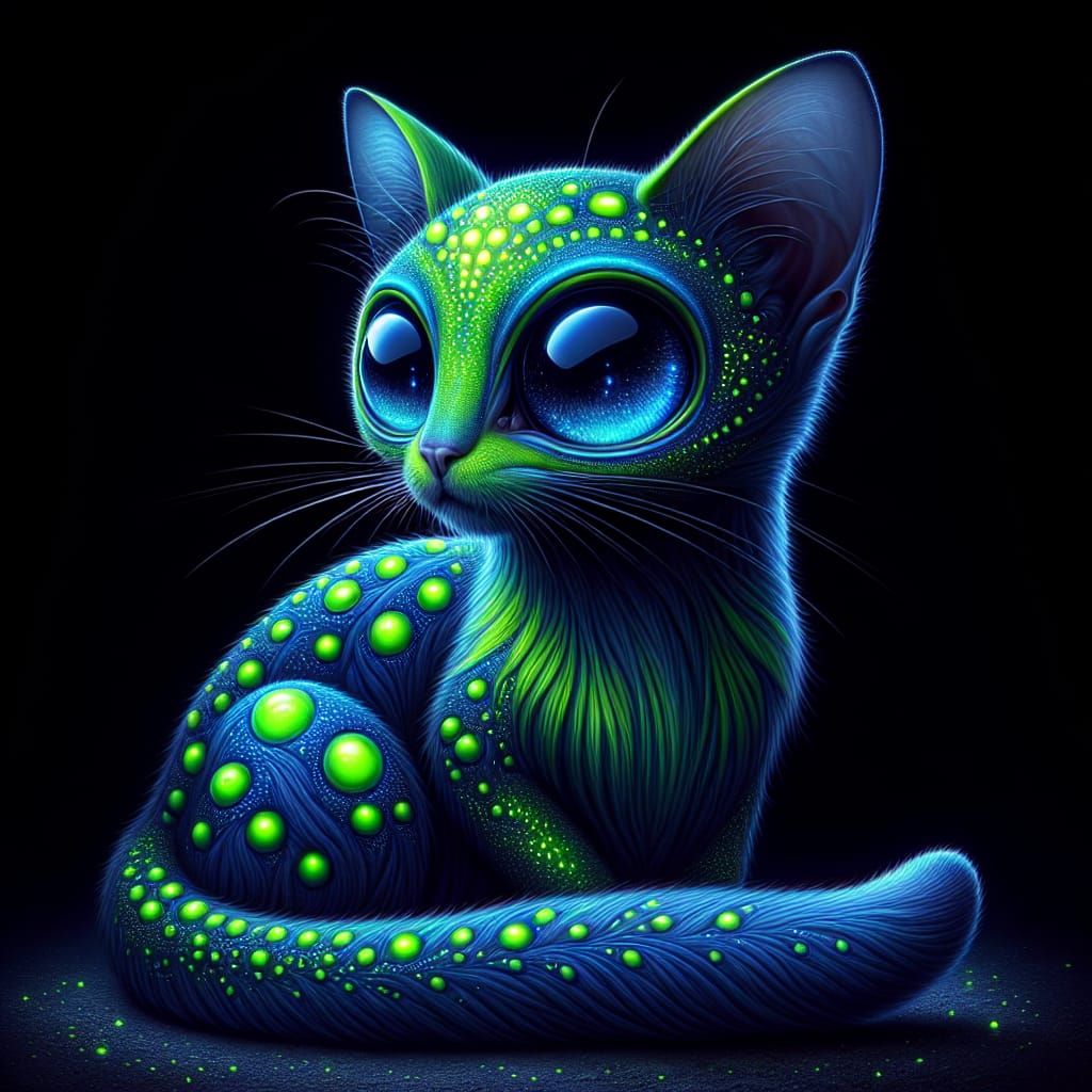 a graceful alien cat with enormous blue eyes and green fur with bioluminescent spots sits watching the viewer. Crafted m...
