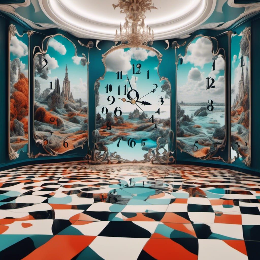 Surreal 3D Landscape with Clock in Vibrant Colors