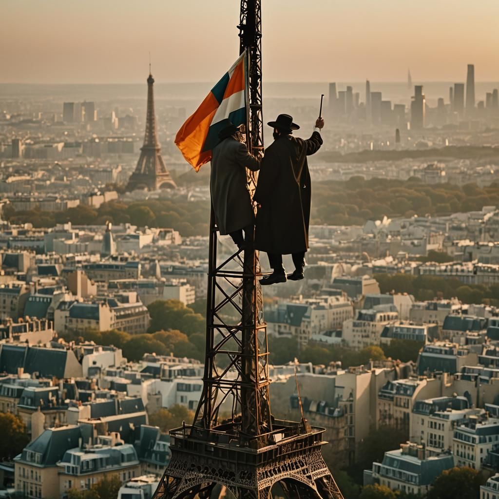 Hasidic Jew with Flag on Eiffel Tower at Sunset