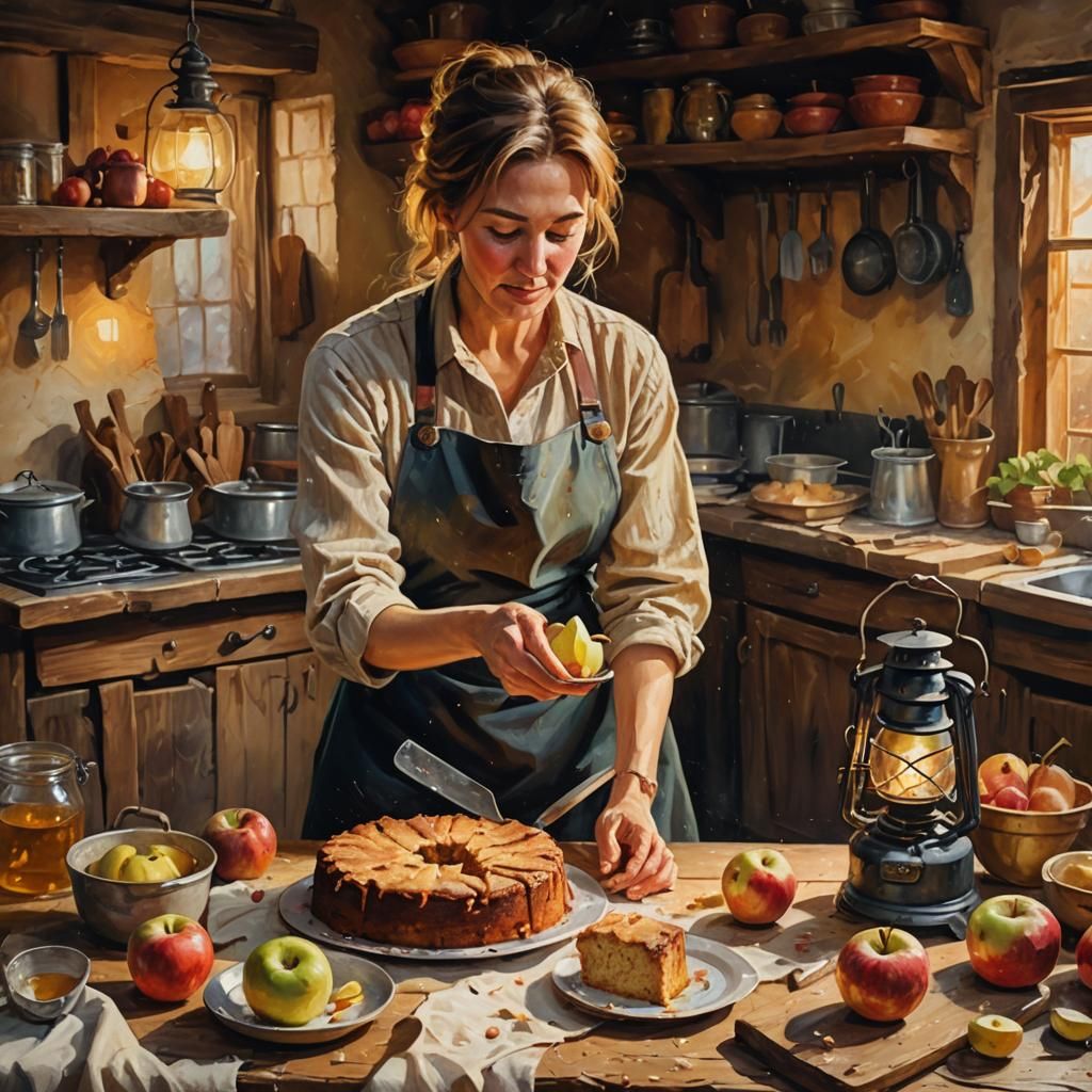 Rustic Kitchen Apple Cake in Impressionist Oil Painting