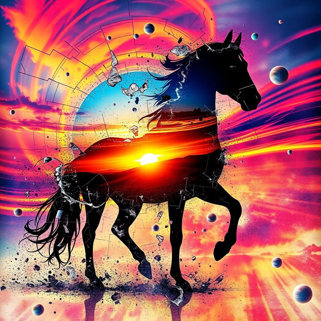 Abstract Horse Silhouette with Sunset and Planet Infusion
