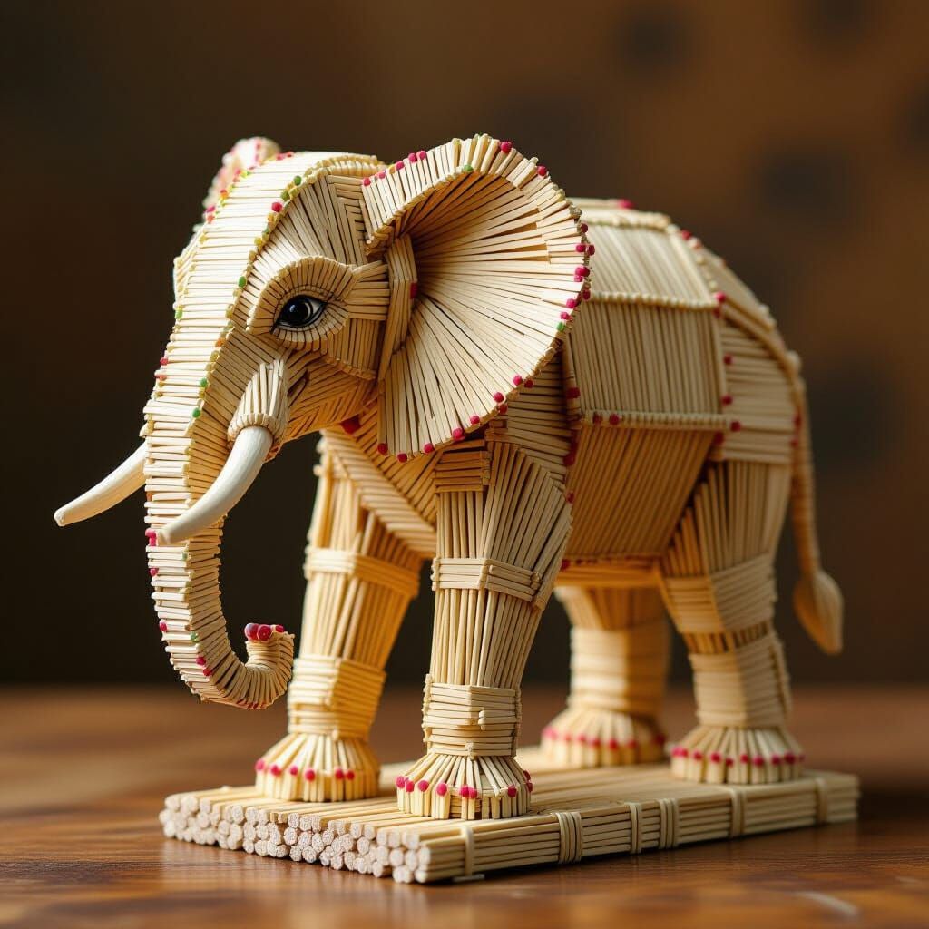 Elephant Sculpture Art Made of Wooden Matchsticks