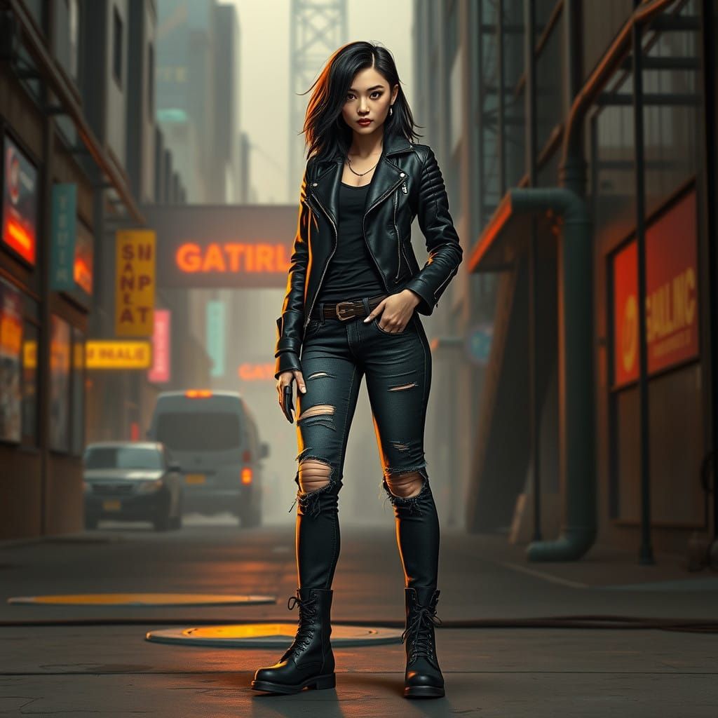 Charismatic Dystopian Heroine in Gritty Urban Landscape