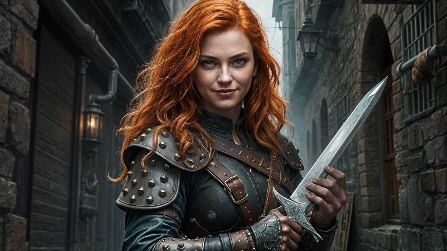 Red-Headed Rogue in Dim Alleyway: Pastel Illustration