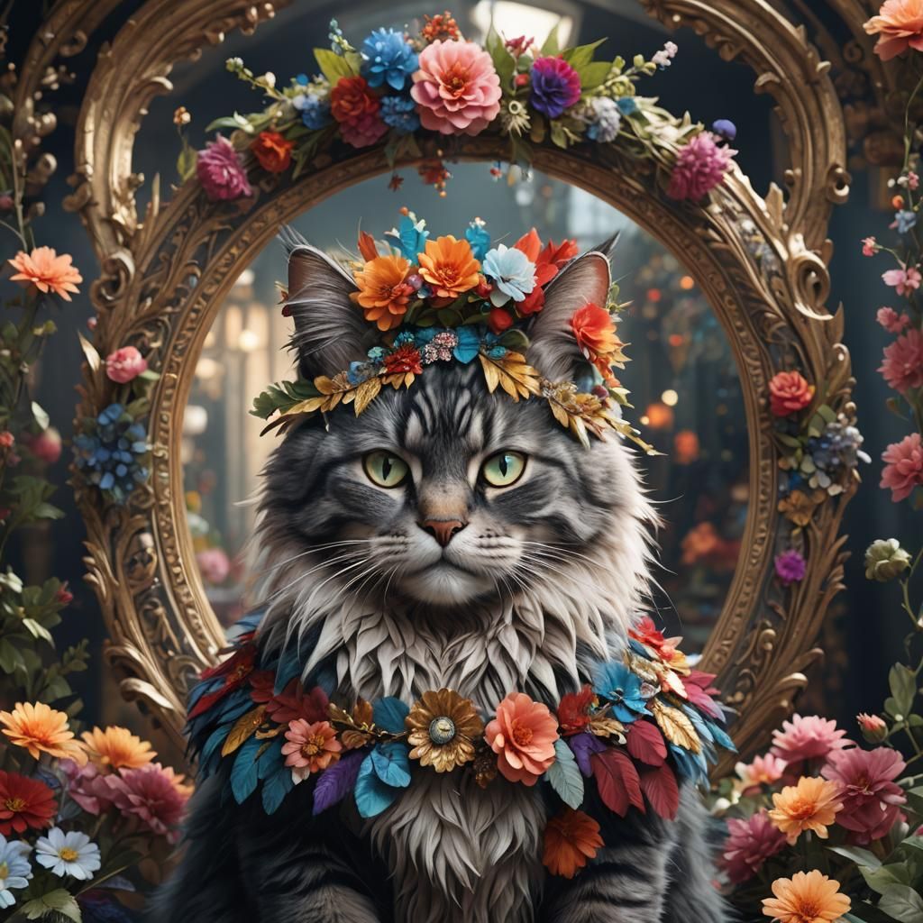 Mirror Cat with Flower Crown: Fantasy Concept Art