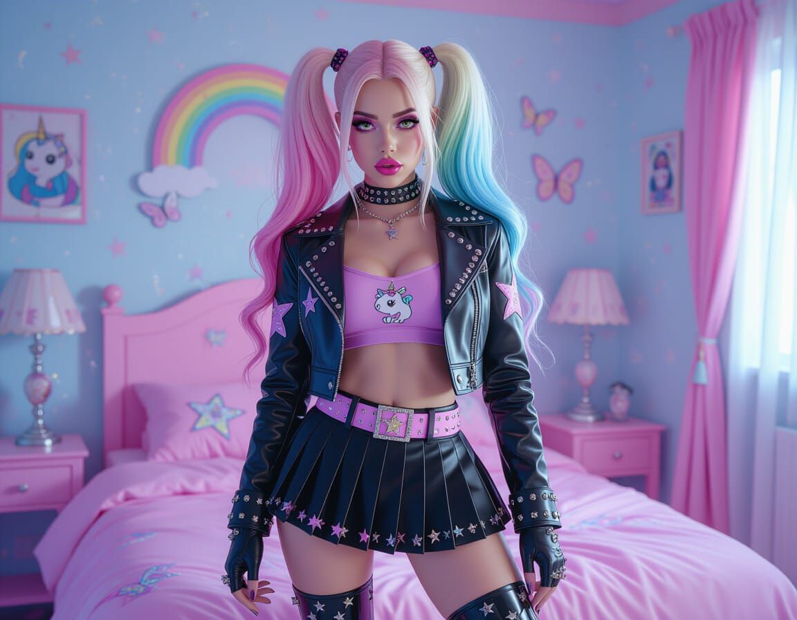 Pastel Goth Character in Hyper-Stylized Bedroom